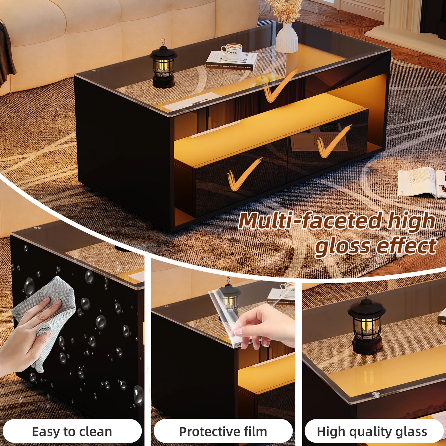 Coffee table with LED light, sofa table with 2 drawers, high-gloss side table with double-layer design