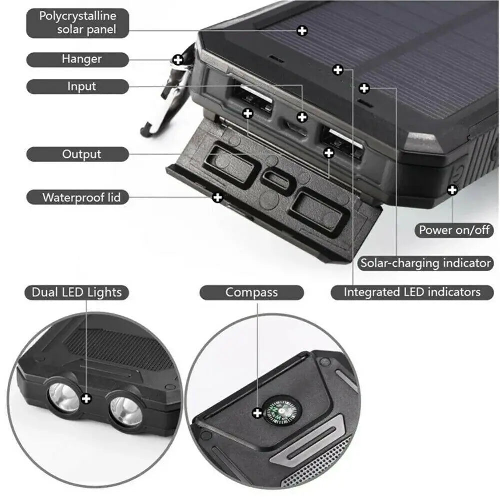 10,000,000mAh Solar Power Bank – Dual USB Fast Charger with LED Light Description