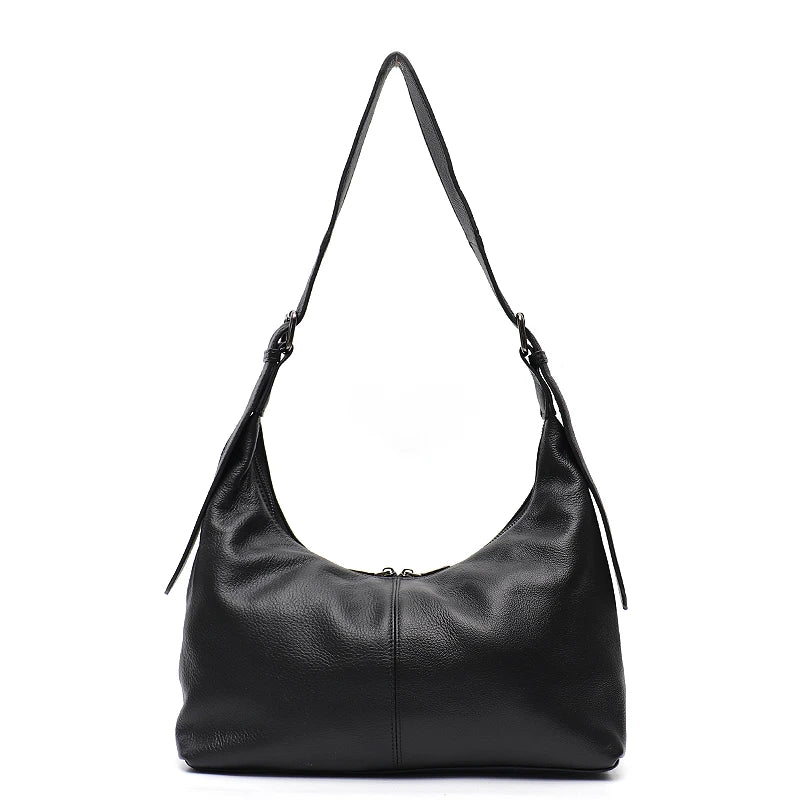 Luxury Cowhide Leather Crossbody Bag – Large Casual Hobo Shoulder Bag with Wide Strap