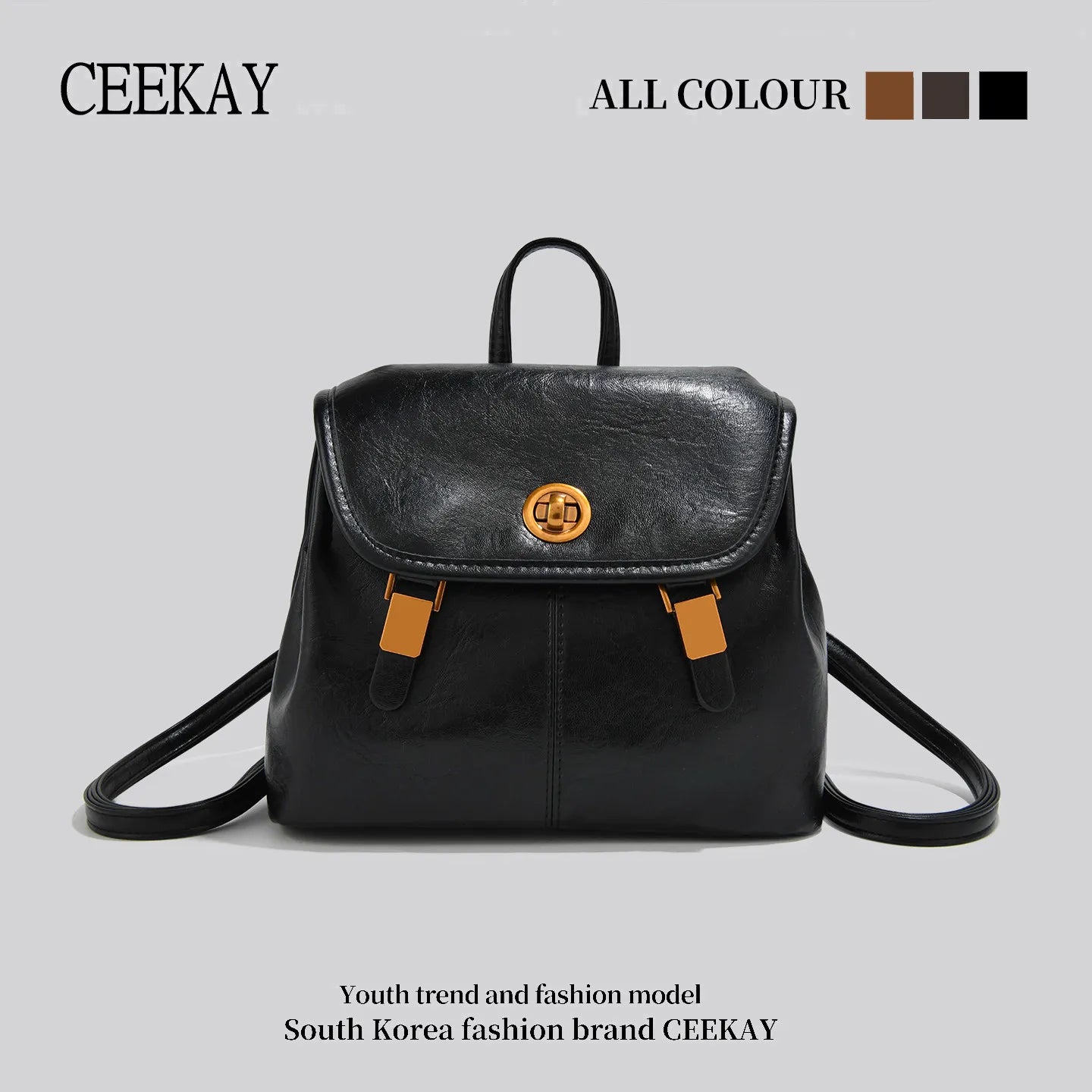 CEEKAY Korean Style Leather Women’s Backpack – Retro Travel & School Bag with Turn Lock Design