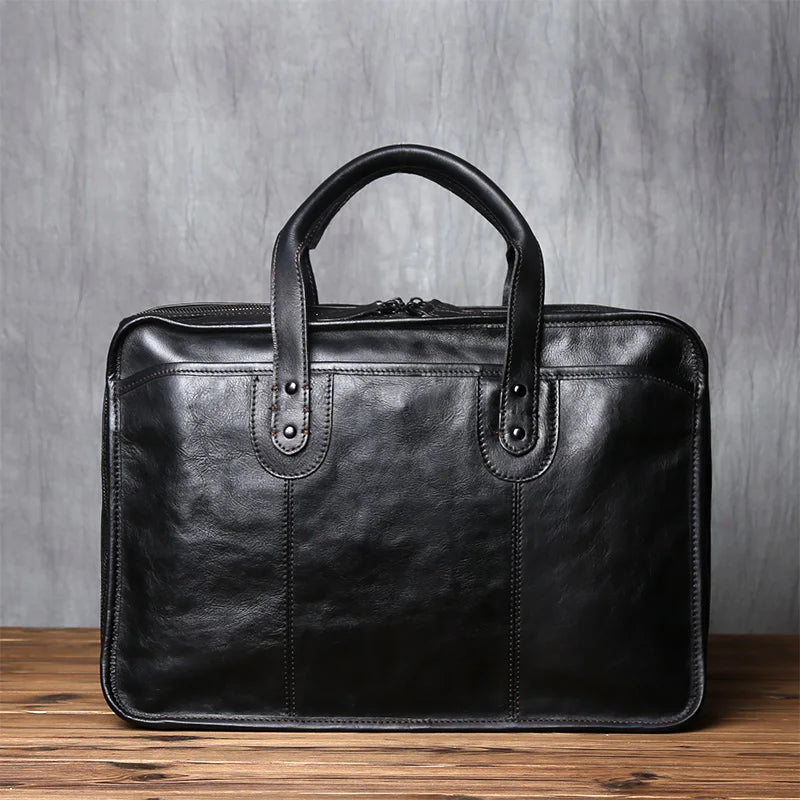 NZPJ Retro Men's Briefcase Top Layer Cowhide Handbag Travel Bag Handmade Leather Laptop Business Bag Shoulder Crossbody Bag