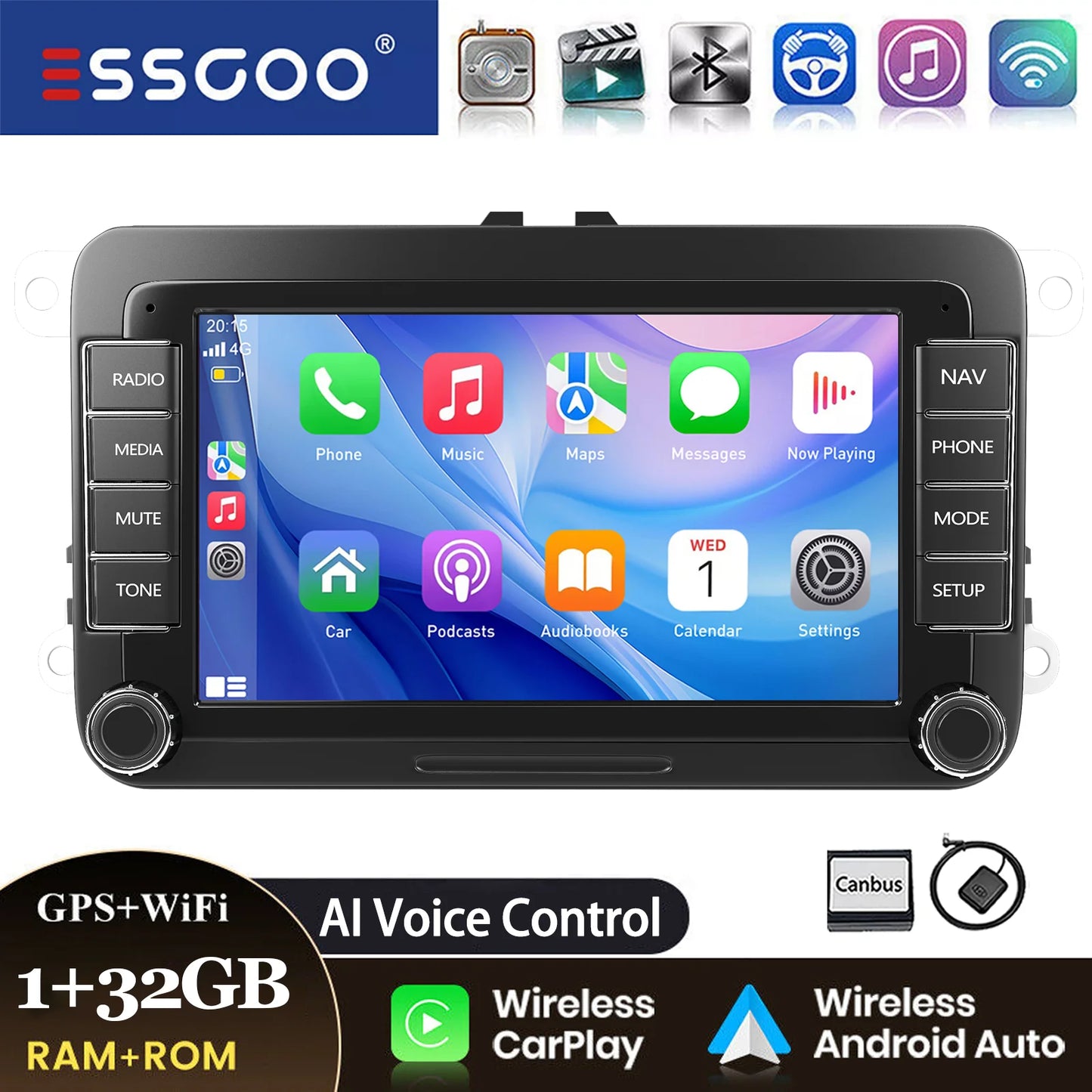 ESSGOO 7" Android14 Carplay Car Stereo GPS NAV RDS FM BT for VW Golf 5 6 Passat Polo 6R Touran Tiguan Caddy EOS Jetta Seat Skoda