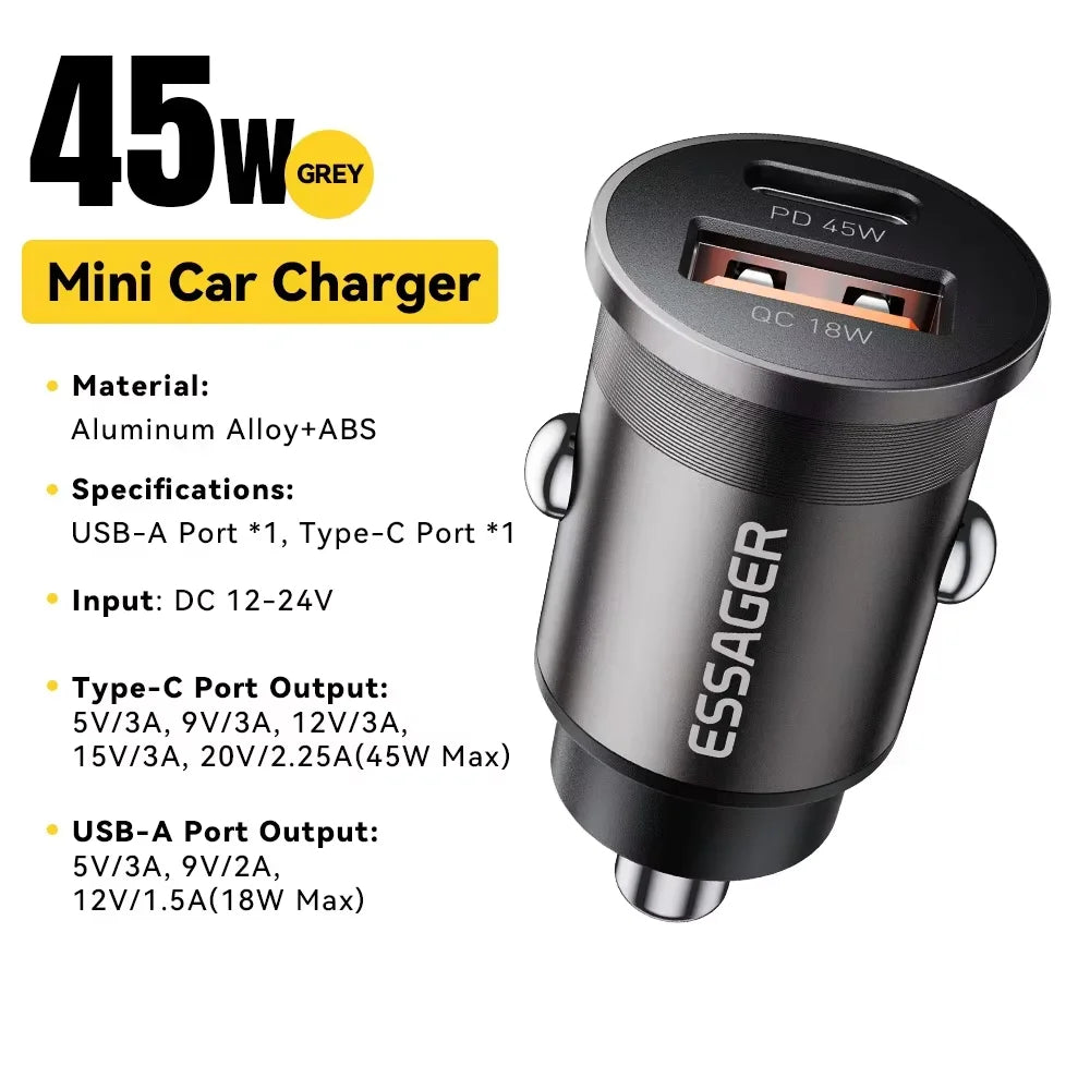 Essager 45W Car Charger Fast Charging Dual Port PD QC3.0 Type-C Quick Charger for iPhone 16 15 14 Samsung Xiaomi Huawei Oppo
