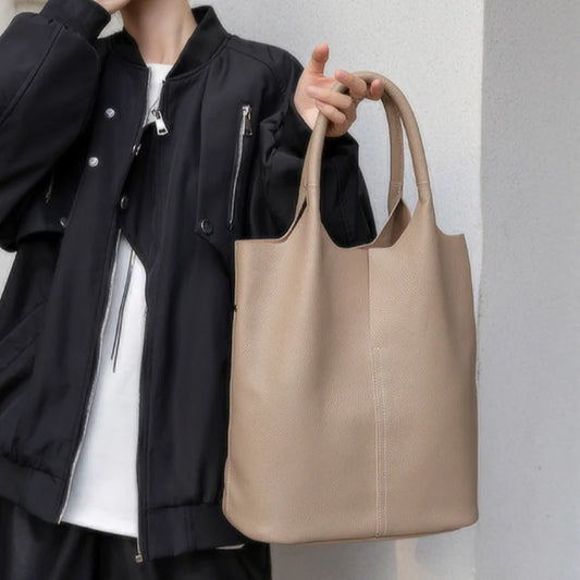 Genuine Leather Bucket Tote Bag – Luxury Cowhide Shoulder Shopper for Women