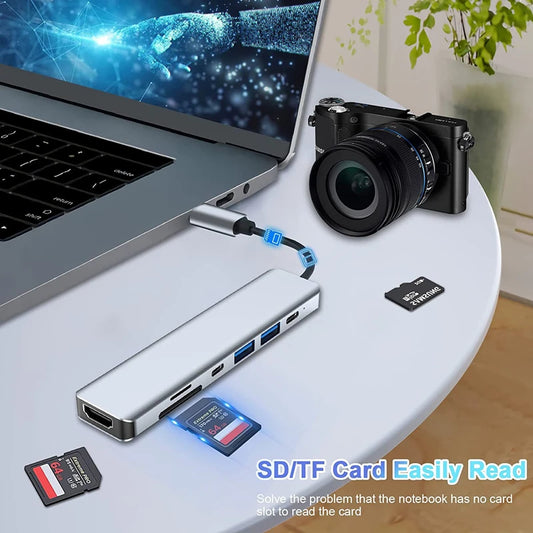USB-C Hub Adapter – 4K HDMI, SD/TF Card Reader, USB 3.0 & Charging Dock for MacBook & Devices