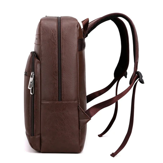 Men's Casual Leather Backpack Waterproof Travel Bag Business Commuting Style 14 Inch Laptop Capacity PU Leather Backpack