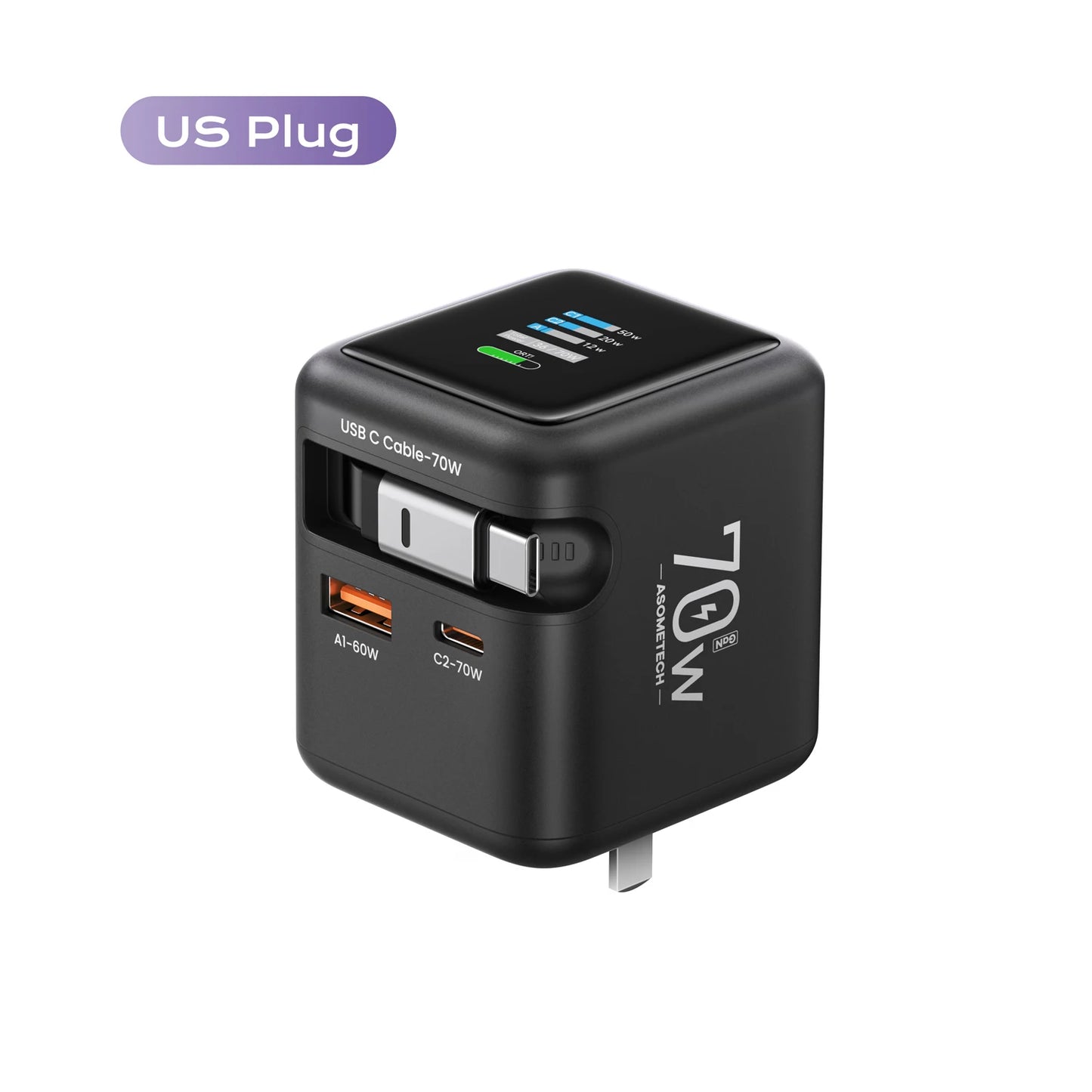 70W GaN 3-in-1 Fast Charger with Retractable USB-C Cable – PD3.0 QC4.0 for iPhone, Xiaomi & Laptop