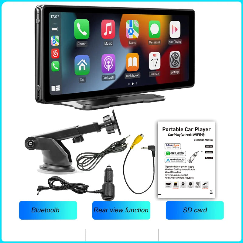 BQCC 10.26” Wireless CarPlay Screen – Portable Car Display with Rear Camera & Android Auto