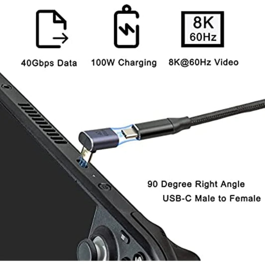 90° USB-C Right Angle Adapter – 40Gbps, 100W PD & 8K@60Hz Video (Male to Female)