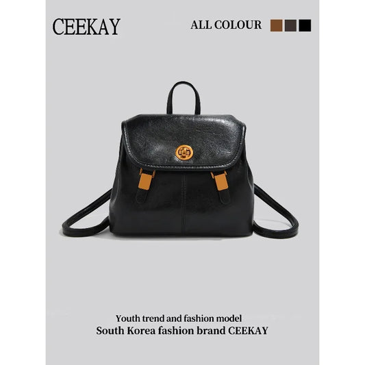 CEEKAY Korean Style Leather Women’s Backpack – Retro Travel & School Bag with Turn Lock Design