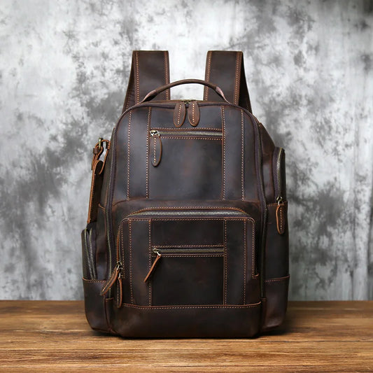 NZPJ Retro Genuine Leather Men's Backpack Top Layer Cowhide Backpack Fashion Men's Bag Crazy Horse Skin Travel Computer Bag