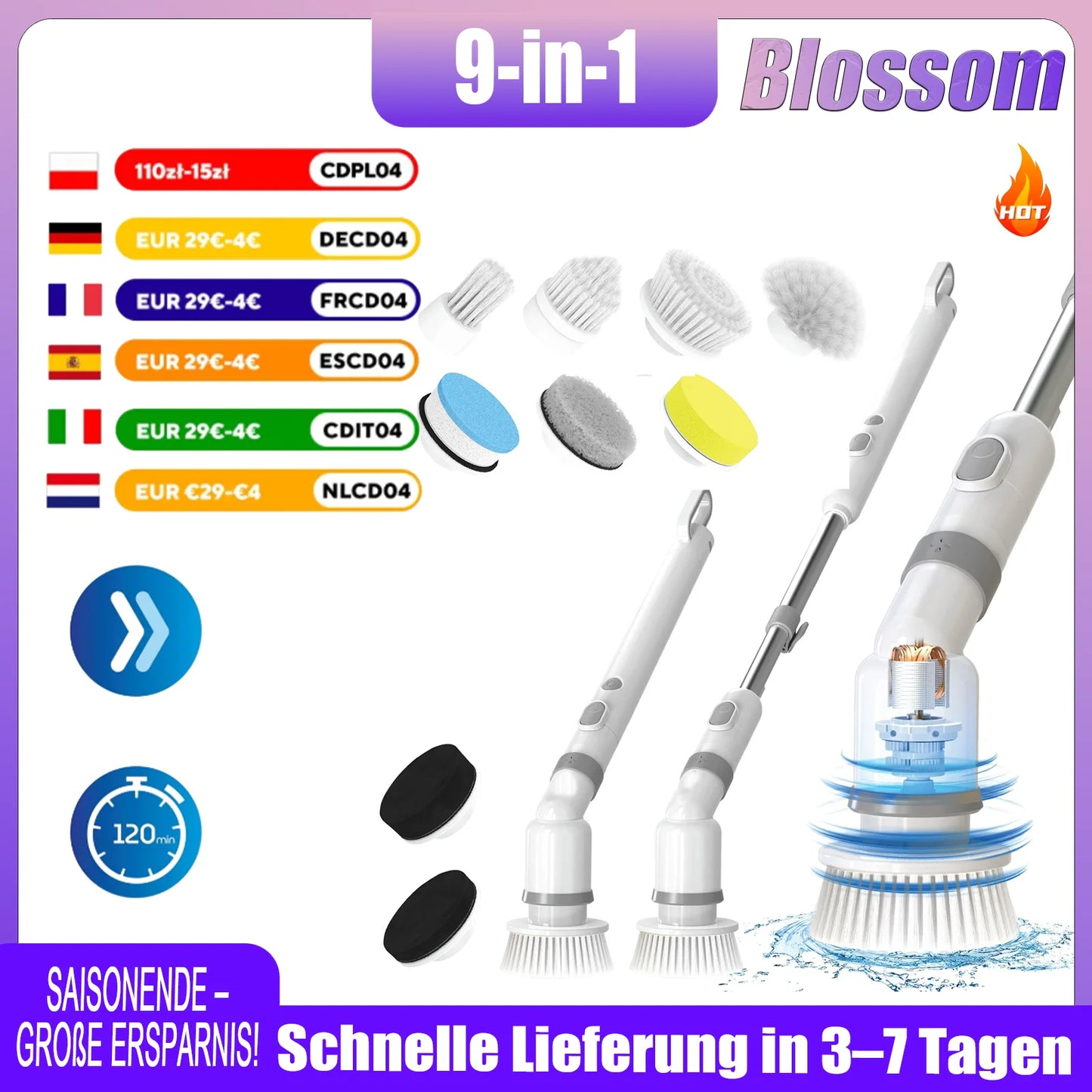Blossom Electric Cleaning Brush 9-in-1 Cordless Electric Spin Scrubber 45in Expandable Handle IPX7 Waterproof Cleaning Brush