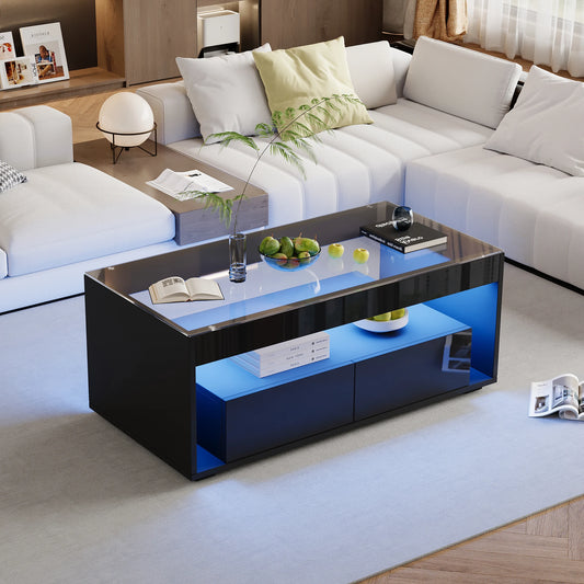 Coffee table with LED light, sofa table with 2 drawers, high-gloss side table with double-layer design