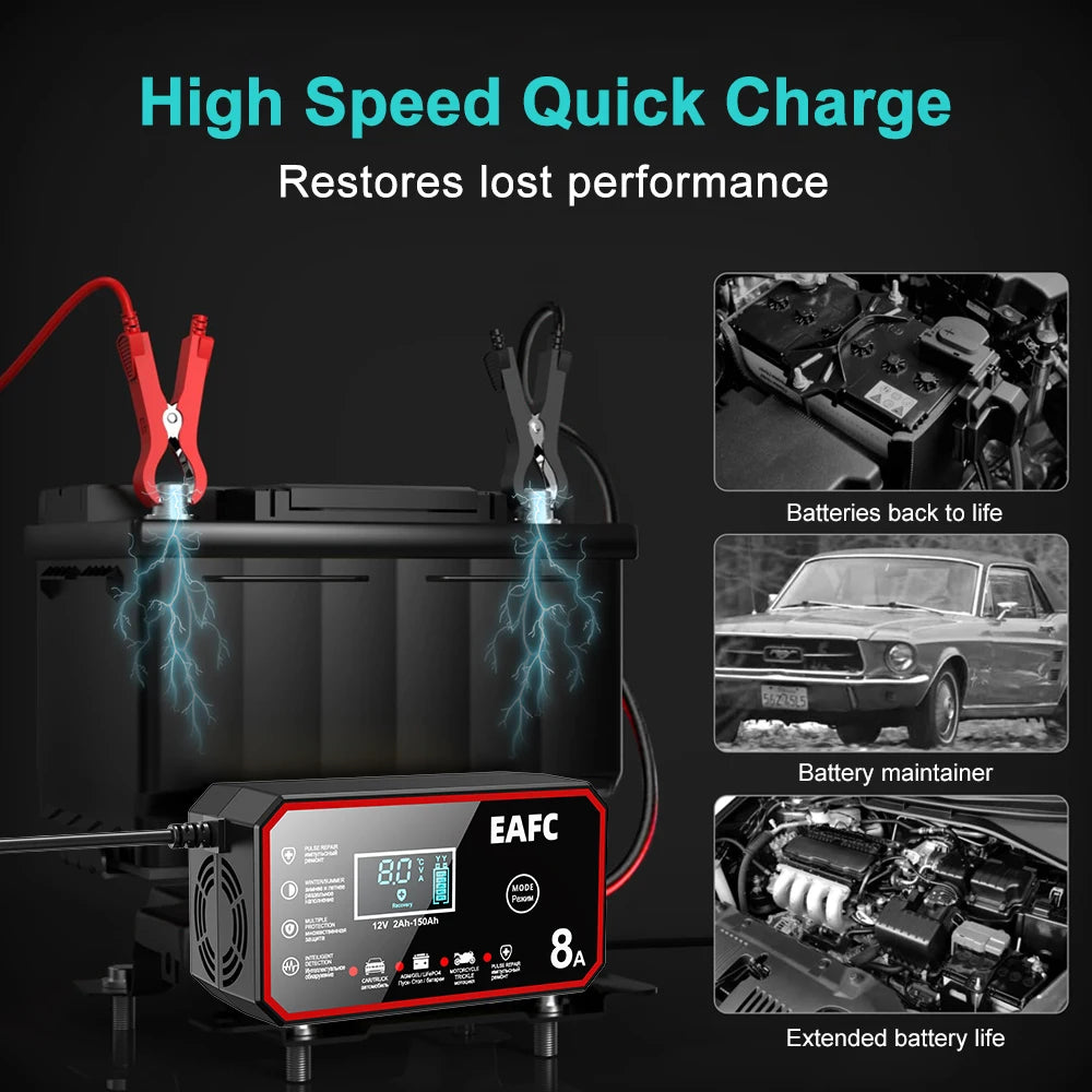 EAFC 12V Car Battery Charger 8A/6A Car and Motorcycle Battery Charging Device Lead-acid Battery Smart Pulse Repair LCD Display