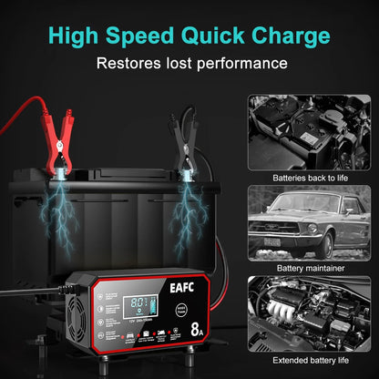 EAFC 12V Car Battery Charger 8A/6A Car and Motorcycle Battery Charging Device Lead-acid Battery Smart Pulse Repair LCD Display
