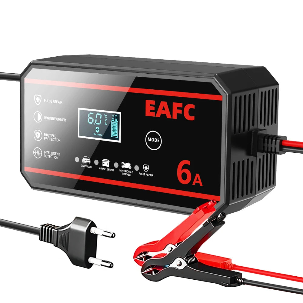 EAFC 12V Car Battery Charger 8A/6A Car and Motorcycle Battery Charging Device Lead-acid Battery Smart Pulse Repair LCD Display