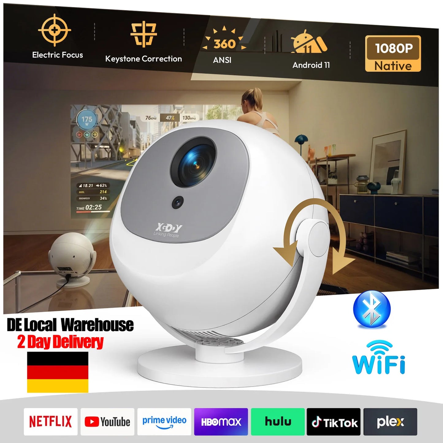 XGODY 4K Projector – Android 11, Electric Focus, Portable Home Theater