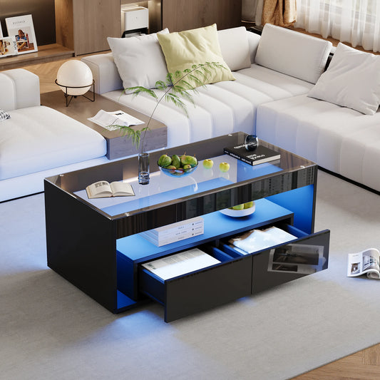 Coffee table with LED light, sofa table with 2 drawers, high-gloss side table with double-layer design