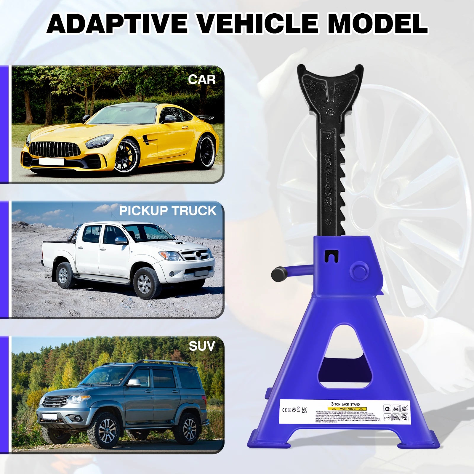 3 Ton Jack Stand – 8 Height Adjustments (30-41.5cm), Self-Locking Ratchet, Ductile Iron for Safety, Triangular Stable Base, for Car/Pickup/SUV