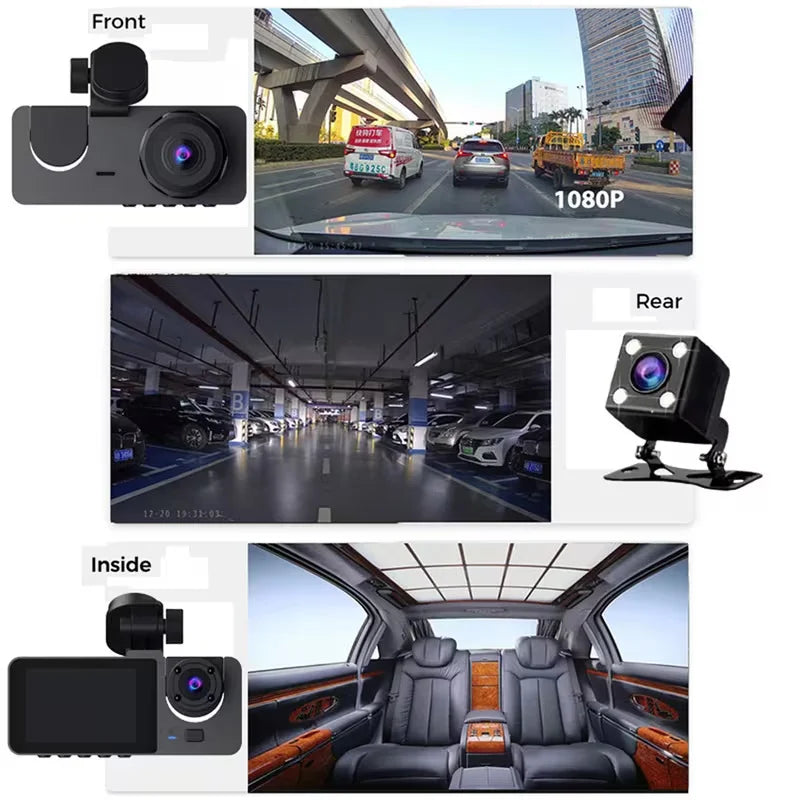 Triple Lens Dash Cam 2.1 inches1080P Full HD Car WiFi APP Control g-sense Car Camera Recorder Optional GPS Parking Monitoring