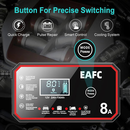 EAFC 12V Car Battery Charger 8A/6A Car and Motorcycle Battery Charging Device Lead-acid Battery Smart Pulse Repair LCD Display