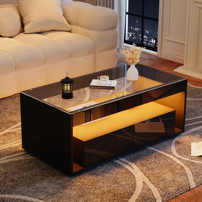 Coffee table with LED light, sofa table with 2 drawers, high-gloss side table with double-layer design