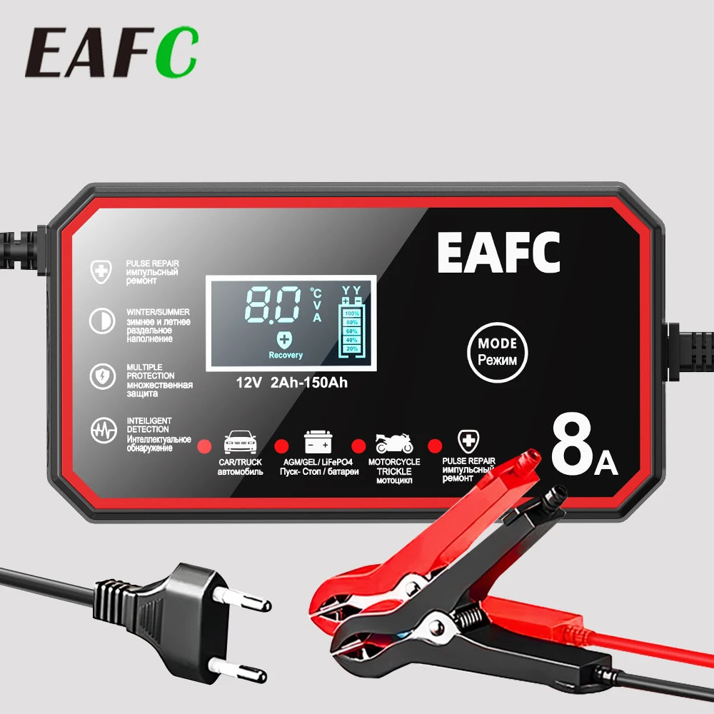 EAFC 12V Car Battery Charger 8A/6A Car and Motorcycle Battery Charging Device Lead-acid Battery Smart Pulse Repair LCD Display