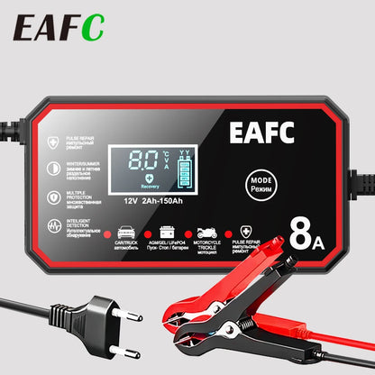 EAFC 12V Car Battery Charger 8A/6A Car and Motorcycle Battery Charging Device Lead-acid Battery Smart Pulse Repair LCD Display