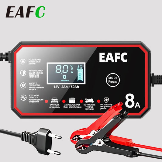 EAFC 12V Car Battery Charger 8A/6A Car and Motorcycle Battery Charging Device Lead-acid Battery Smart Pulse Repair LCD Display