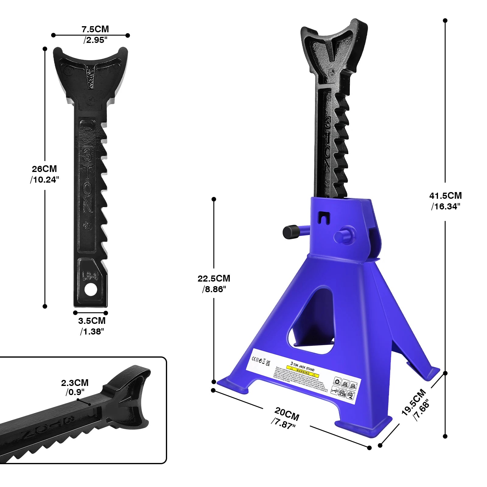 3 Ton Jack Stand – 8 Height Adjustments (30-41.5cm), Self-Locking Ratchet, Ductile Iron for Safety, Triangular Stable Base, for Car/Pickup/SUV