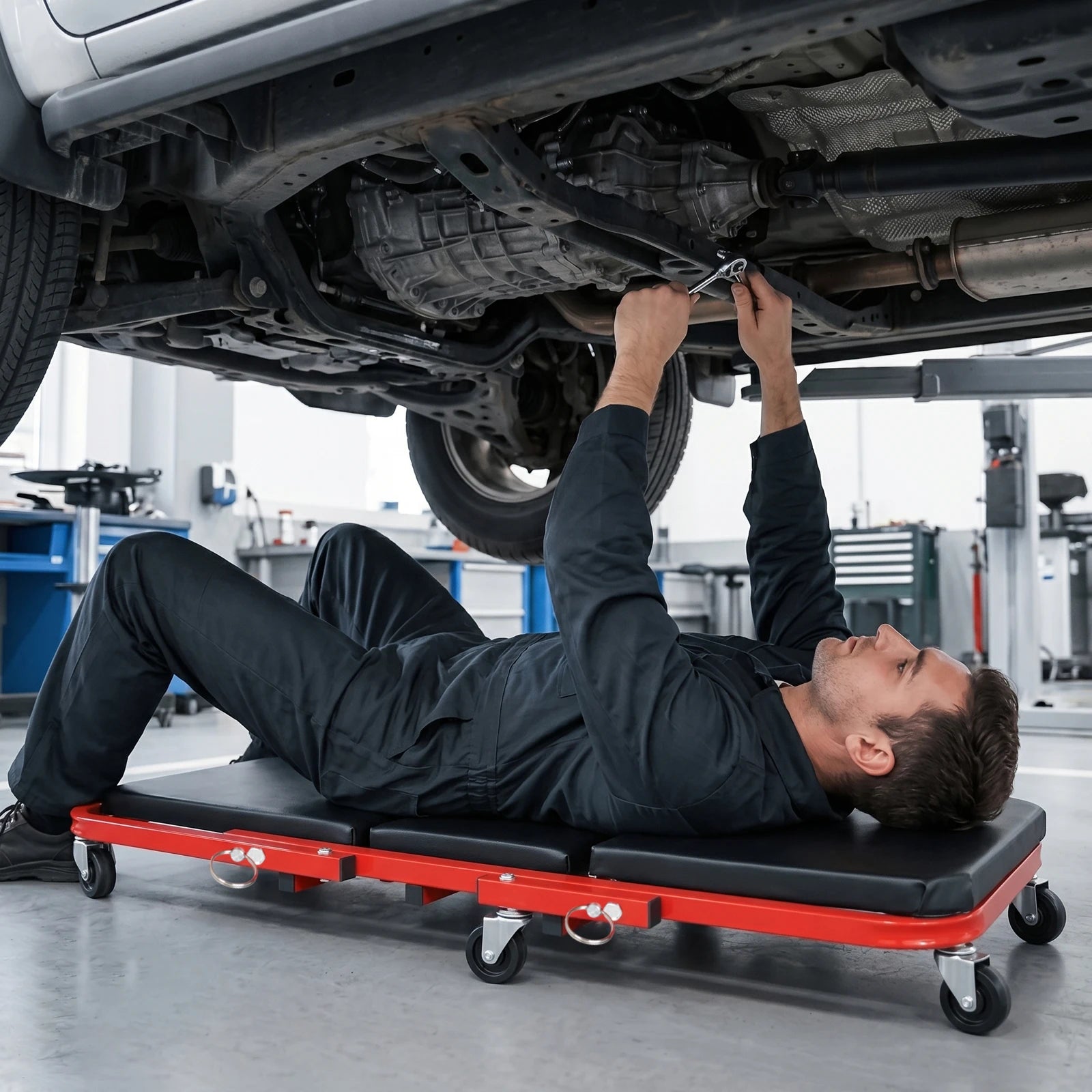3-in-1 Foldable Car Repair Creeper, No Assembly Required, 200kg Load Capacity, 360° Swivel Casters, Ergonomic Oil-Resistant Pad for Mechanics