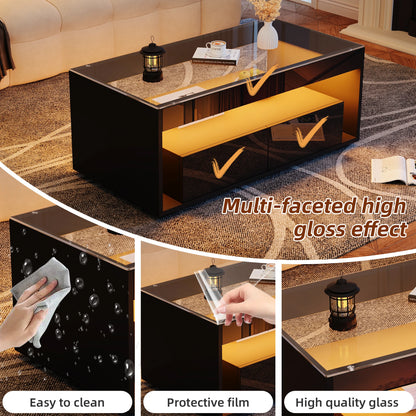 Coffee table with LED light, sofa table with 2 drawers, high-gloss side table with double-layer design