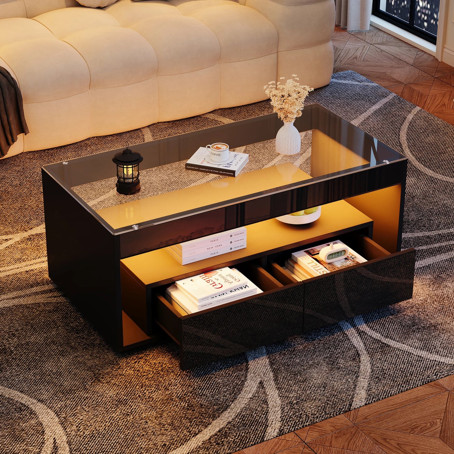Coffee table with LED light, sofa table with 2 drawers, high-gloss side table with double-layer design