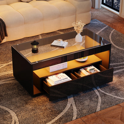 Coffee table with LED light, sofa table with 2 drawers, high-gloss side table with double-layer design