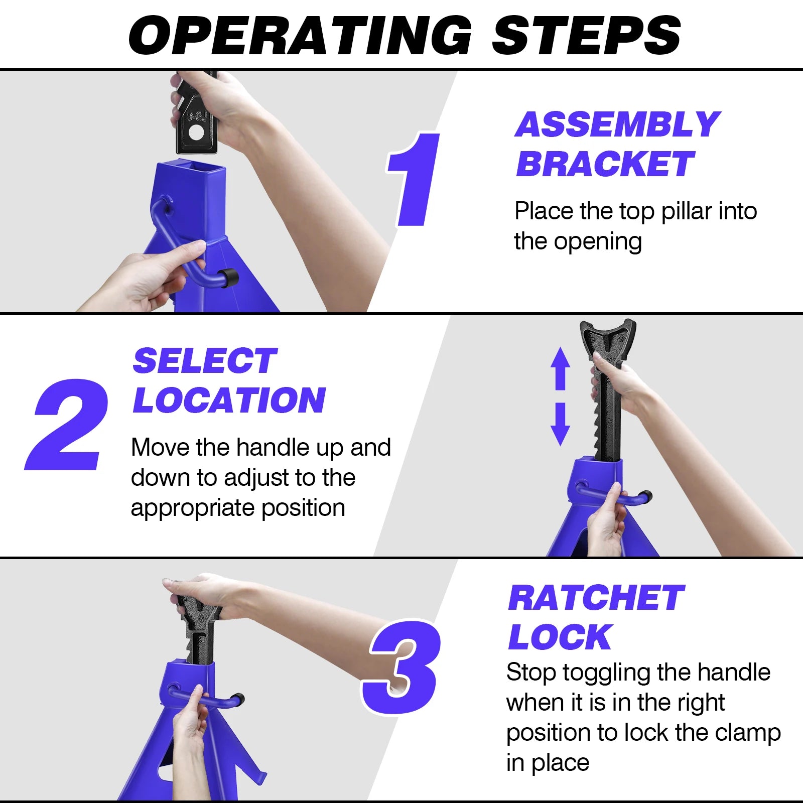 3 Ton Jack Stand – 8 Height Adjustments (30-41.5cm), Self-Locking Ratchet, Ductile Iron for Safety, Triangular Stable Base, for Car/Pickup/SUV