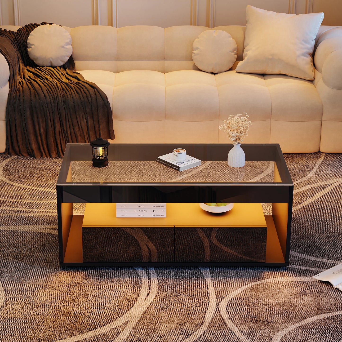 Coffee table with LED light, sofa table with 2 drawers, high-gloss side table with double-layer design