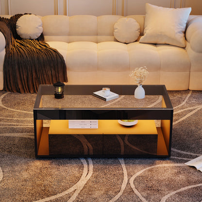 Coffee table with LED light, sofa table with 2 drawers, high-gloss side table with double-layer design