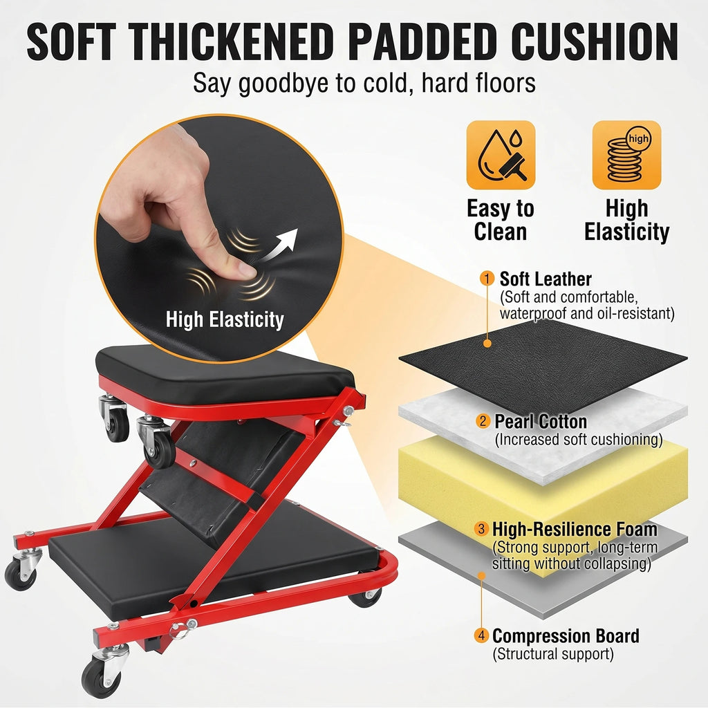 3-in-1 Foldable Car Repair Creeper, No Assembly Required, 200kg Load Capacity, 360° Swivel Casters, Ergonomic Oil-Resistant Pad for Mechanics