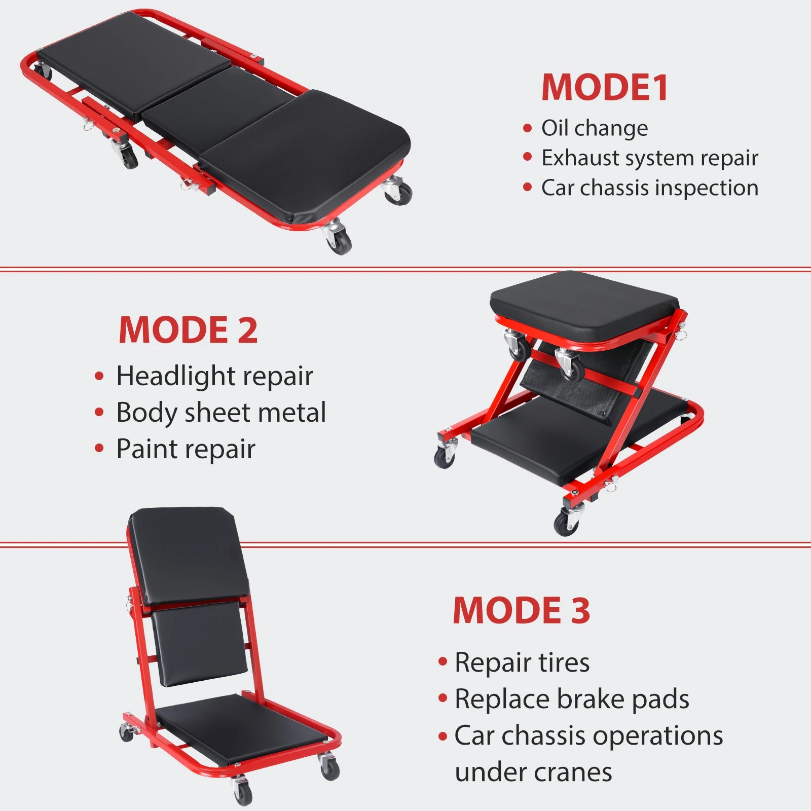 3-in-1 Foldable Car Repair Creeper, No Assembly Required, 200kg Load Capacity, 360° Swivel Casters, Ergonomic Oil-Resistant Pad for Mechanics