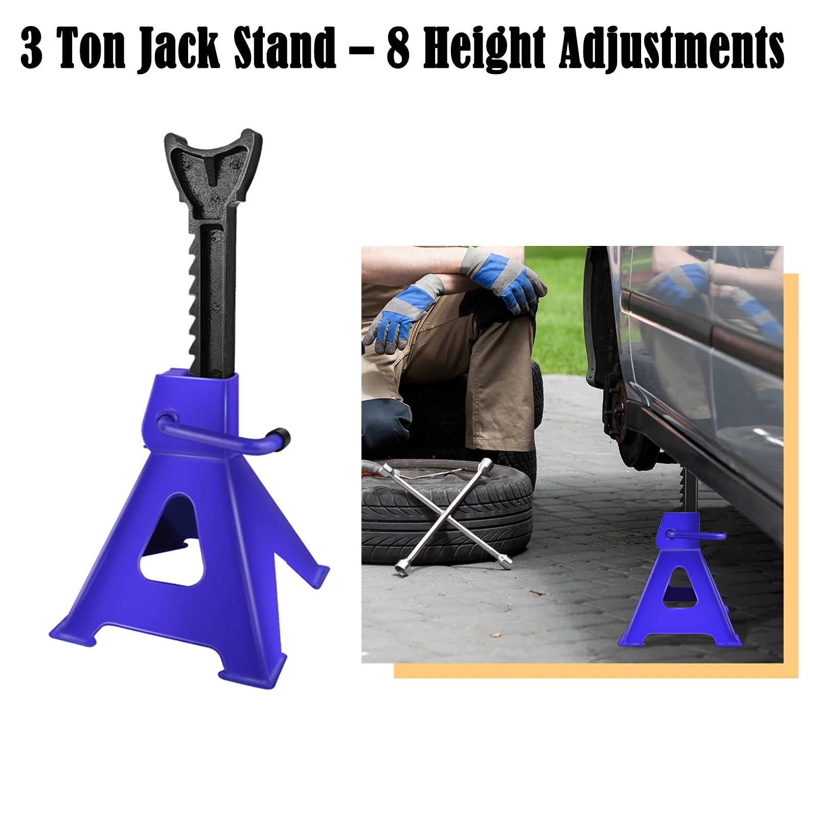 3 Ton Jack Stand – 8 Height Adjustments (30-41.5cm), Self-Locking Ratchet, Ductile Iron for Safety, Triangular Stable Base, for Car/Pickup/SUV