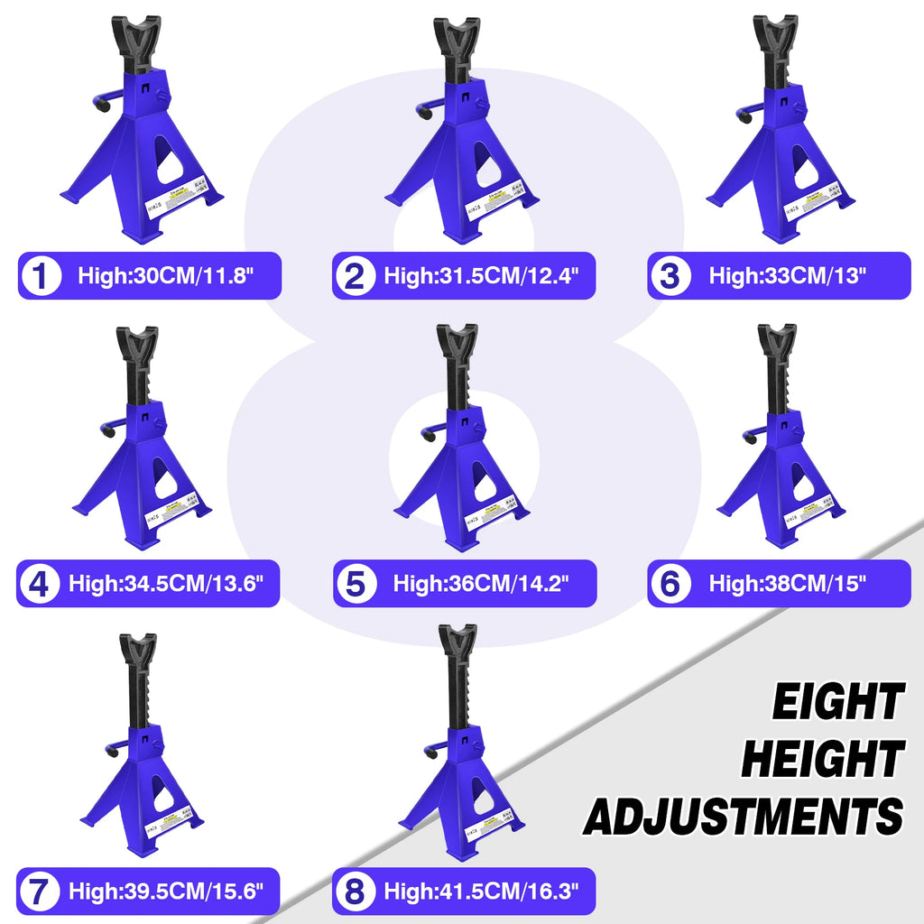 3 Ton Jack Stand – 8 Height Adjustments (30-41.5cm), Self-Locking Ratchet, Ductile Iron for Safety, Triangular Stable Base, for Car/Pickup/SUV