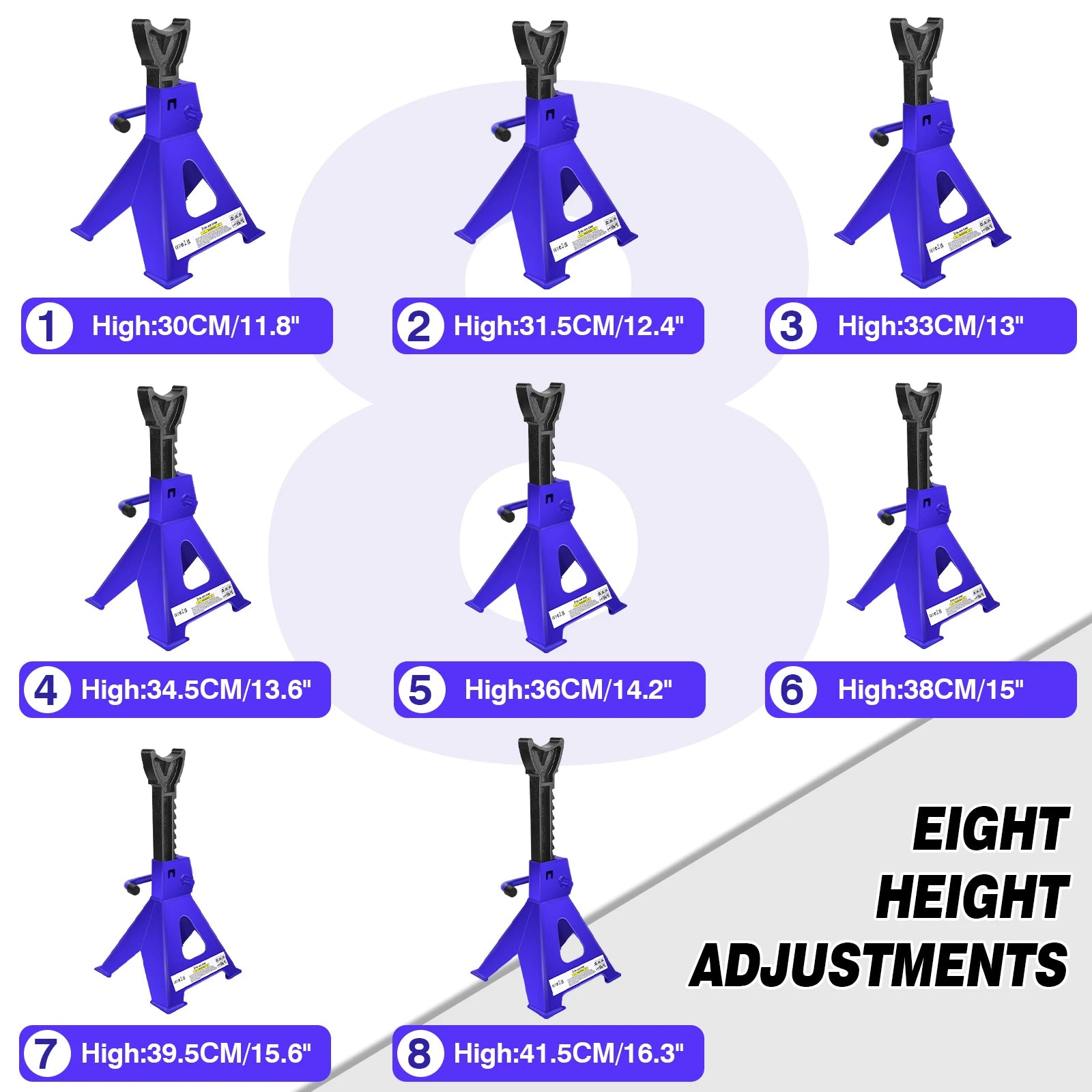 3 Ton Jack Stand – 8 Height Adjustments (30-41.5cm), Self-Locking Ratchet, Ductile Iron for Safety, Triangular Stable Base, for Car/Pickup/SUV