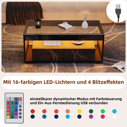 Coffee table with LED light, sofa table with 2 drawers, high-gloss side table with double-layer design