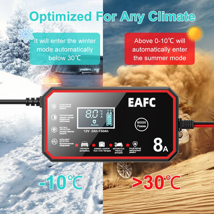 EAFC 12V Car Battery Charger 8A/6A Car and Motorcycle Battery Charging Device Lead-acid Battery Smart Pulse Repair LCD Display