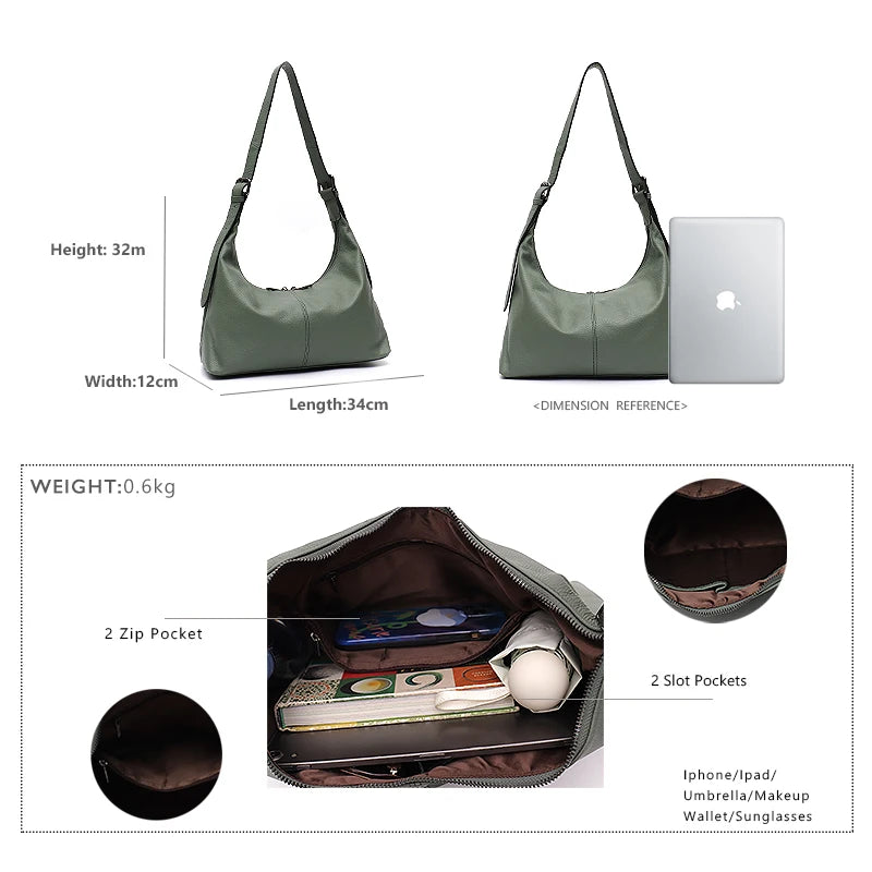 Luxury Cowhide Leather Crossbody Bag – Large Casual Hobo Shoulder Bag with Wide Strap