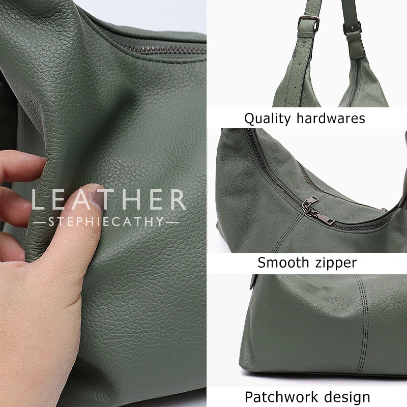 Luxury Cowhide Leather Crossbody Bag – Large Casual Hobo Shoulder Bag with Wide Strap