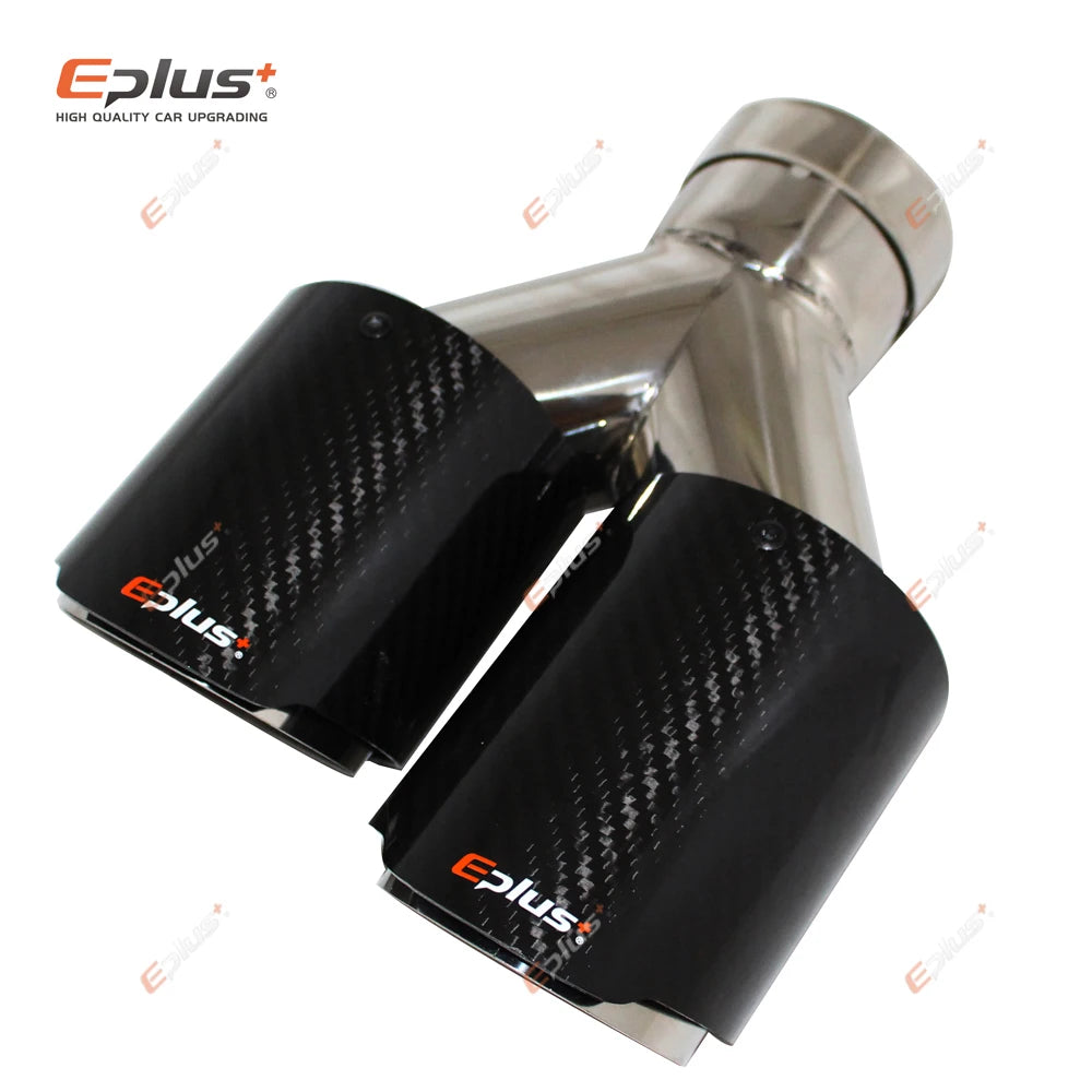 EPLUS Car Carbon Fiber Glossy Muffler Tip Y Shape Double Exit Exhaust Pipe Mufflers Nozzle Decoration Universal Stainless Silver