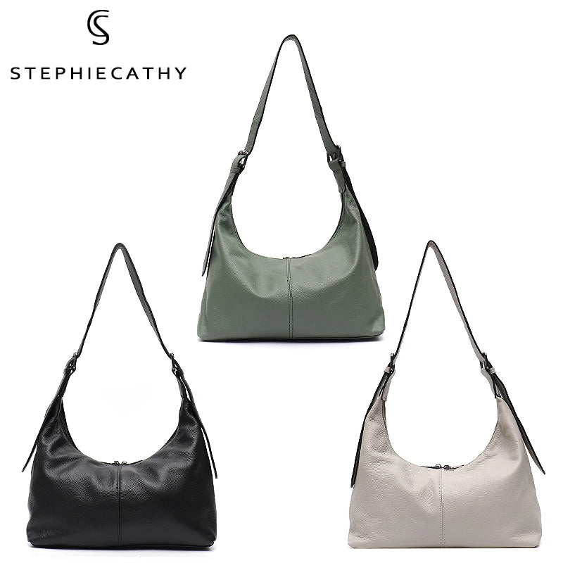 Luxury Cowhide Leather Crossbody Bag – Large Casual Hobo Shoulder Bag with Wide Strap
