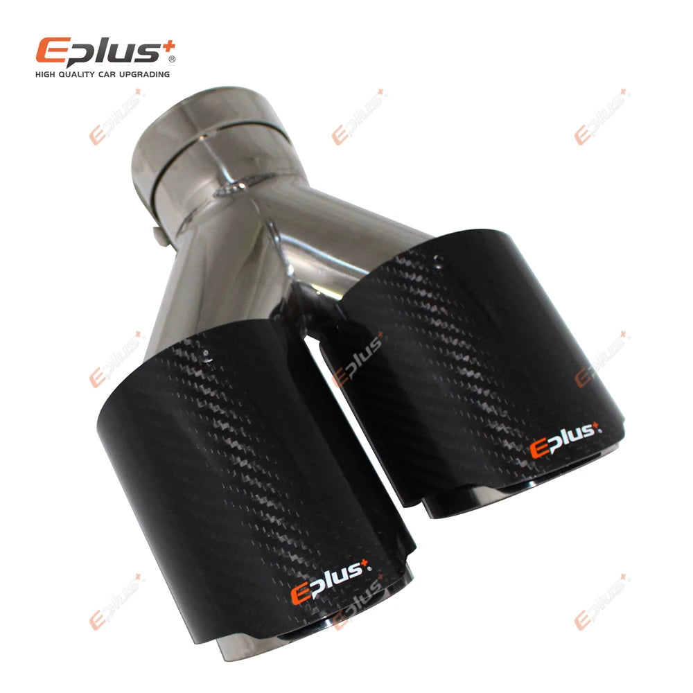 EPLUS Car Carbon Fiber Glossy Muffler Tip Y Shape Double Exit Exhaust Pipe Mufflers Nozzle Decoration Universal Stainless Silver