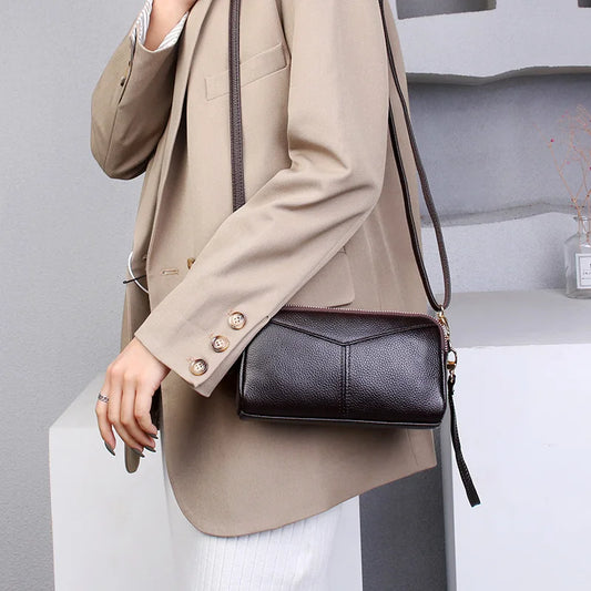 Small Genuine Leather Women’s Crossbody Bag – Solid Color Shoulder & Clutch Handbag